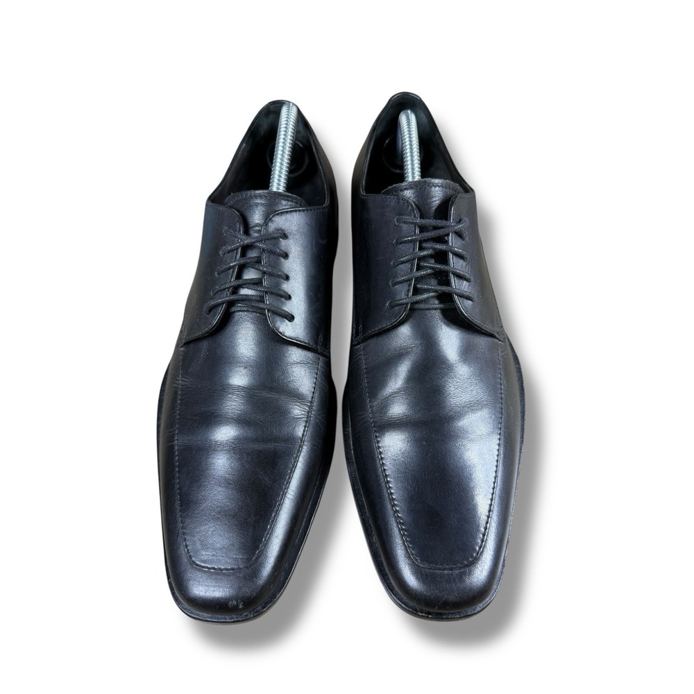Hugo Boss Dress Shoe Size 9 Men's Embossed Logo Black Leather Lace Up Apron Toe - Picture 6 of 14